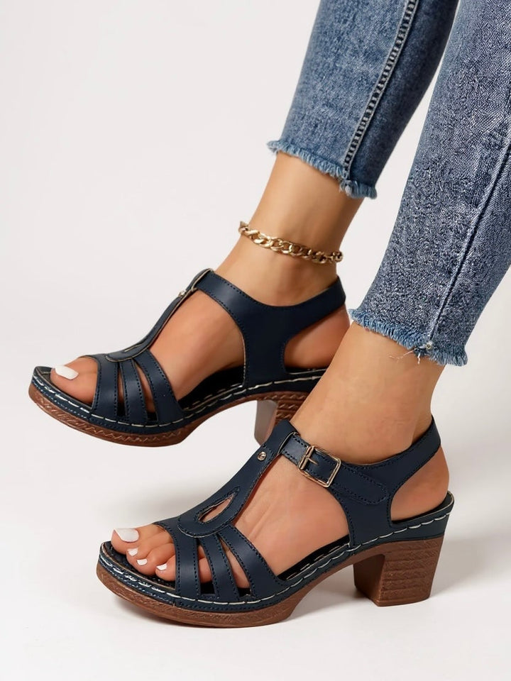Saffron block heel sandal in Light Brown, pair shot from above on a neutral background