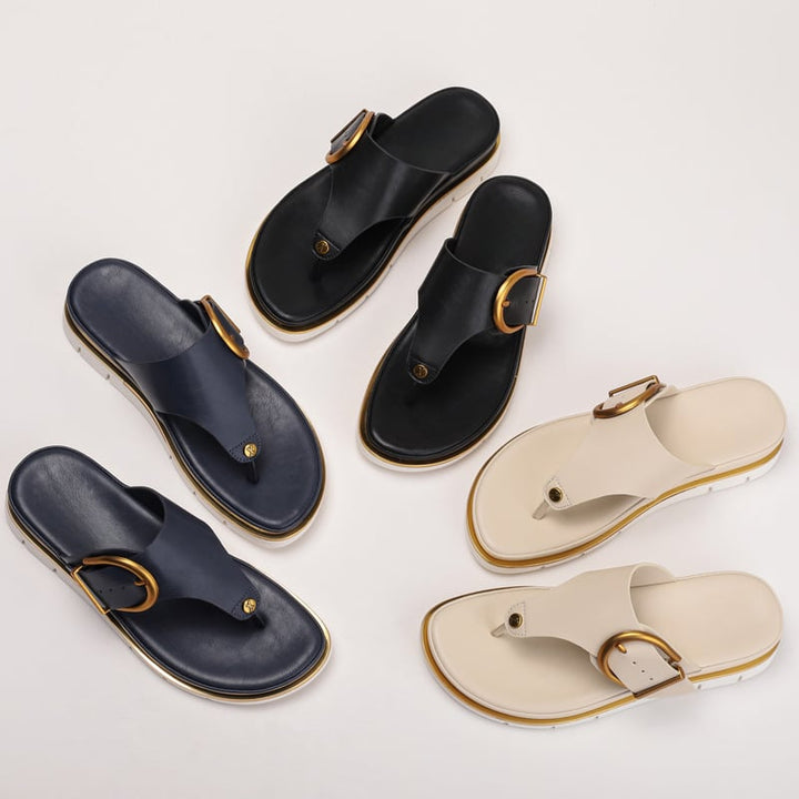 Sage women's sandals in dark blue, close-up of strap detailing