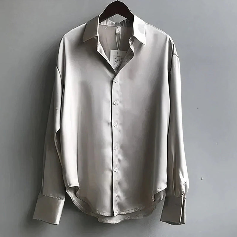 Satin blouse with button cuffs shown in multiple colors: green, white, black, and gray