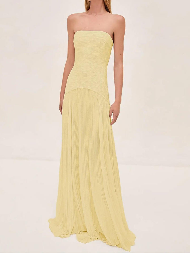 Front view of the strapless pleated maxi dress in sage green showing the structured bodice and A-line silhouette