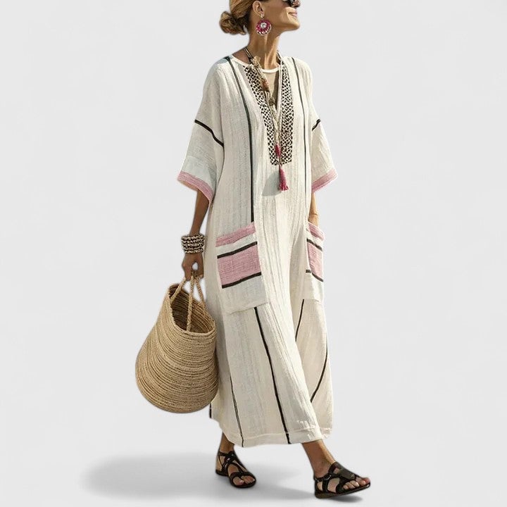 Striped linen maxi dress in flowing silhouette — full-length back view