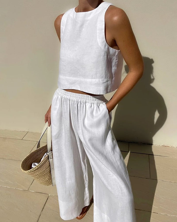 Salina linen-look crop top and wide-leg pants set in white, front view on model
