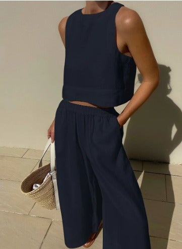 Salina matching set in black, full-length front view on model