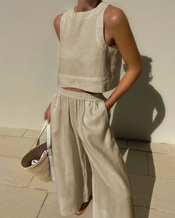 Salina crop top and wide-leg pants in khaki, full-length lifestyle shot