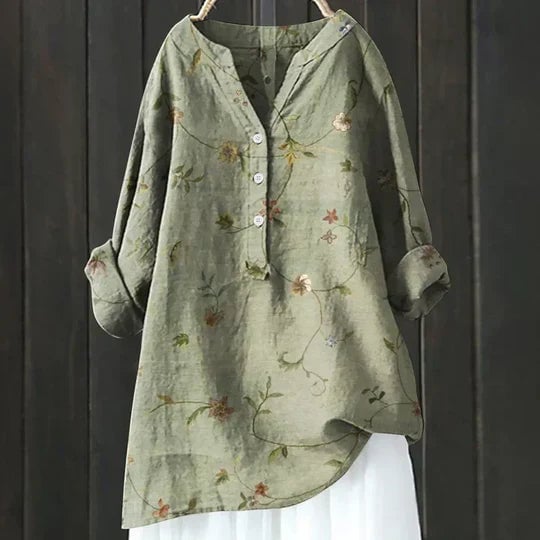 Side view of the Sally top in yellow highlighting the easy, flowing silhouette and comfortable fit