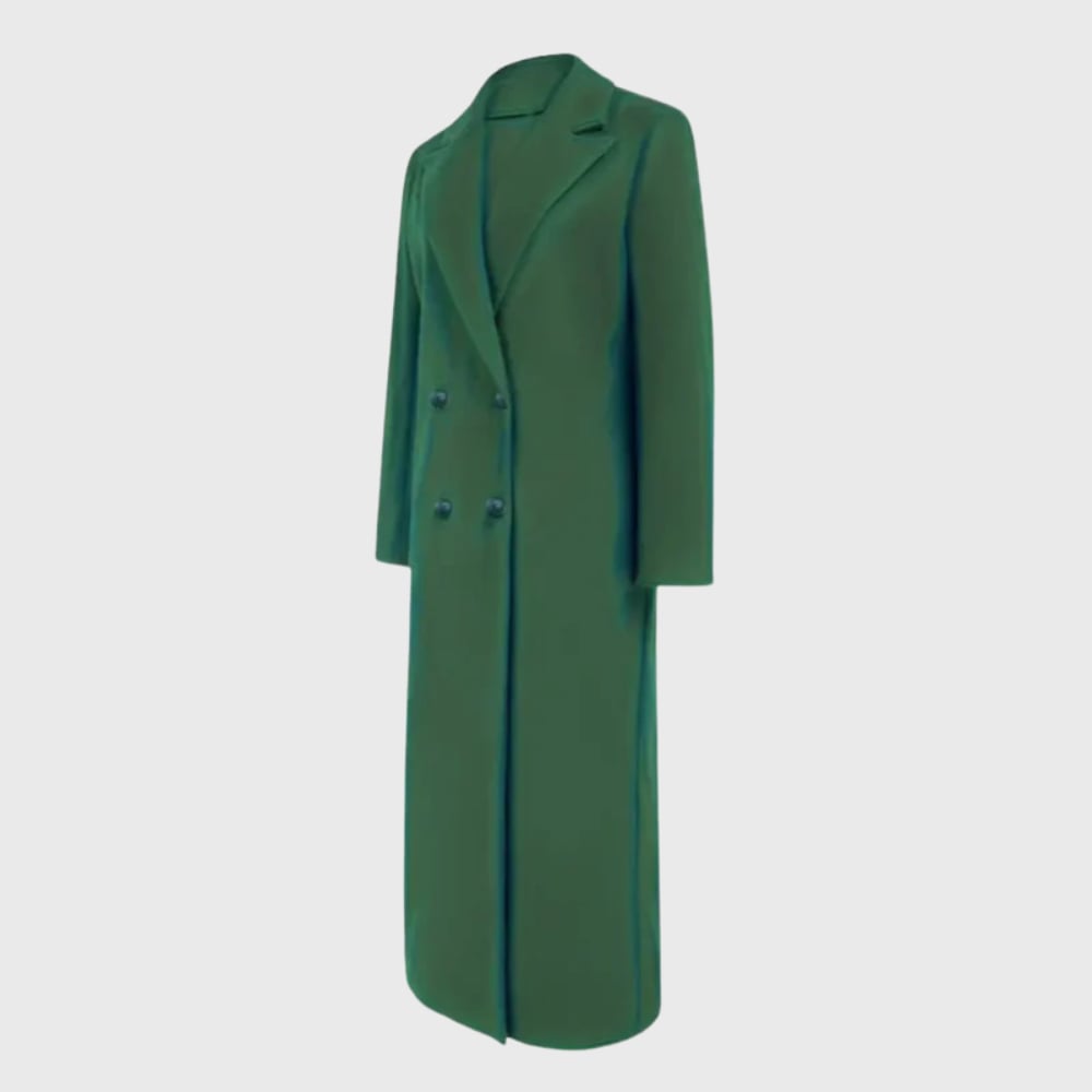Front view of longline winter trench coat showing structured silhouette and classic trench details