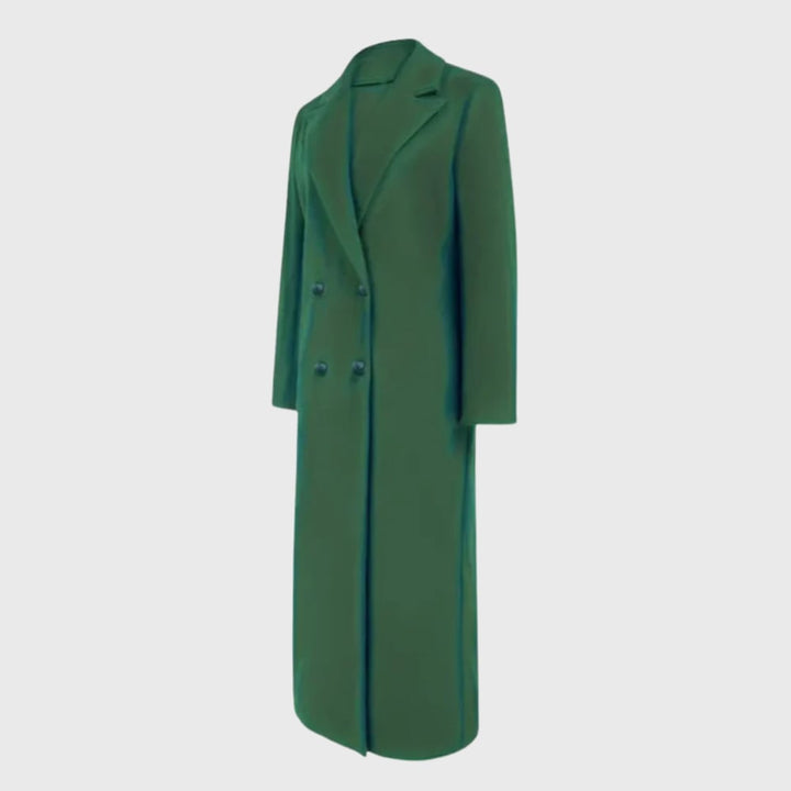 Front view of longline winter trench coat showing structured silhouette and classic trench details