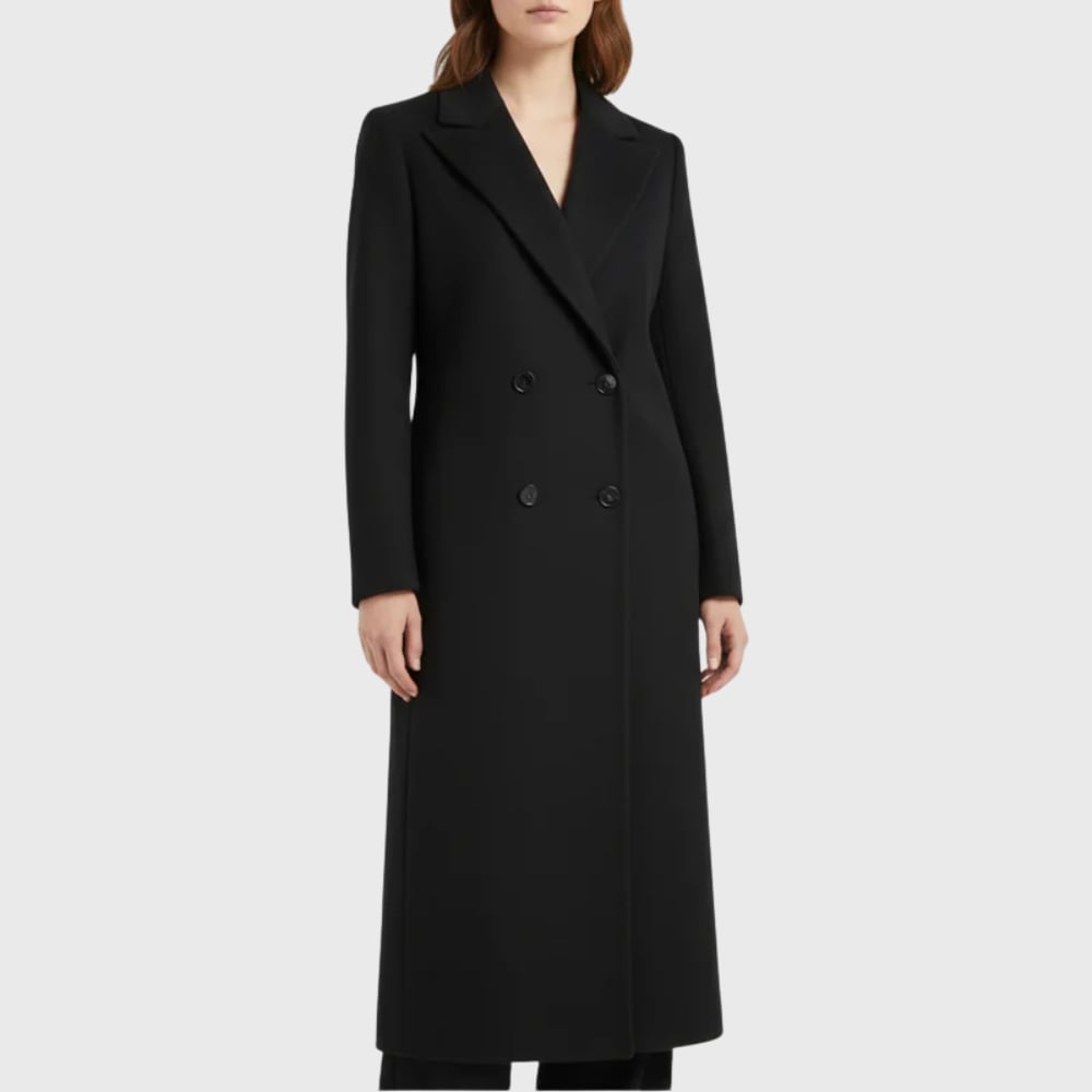 Side profile of longline winter trench coat showing insulated fabric and streamlined fit