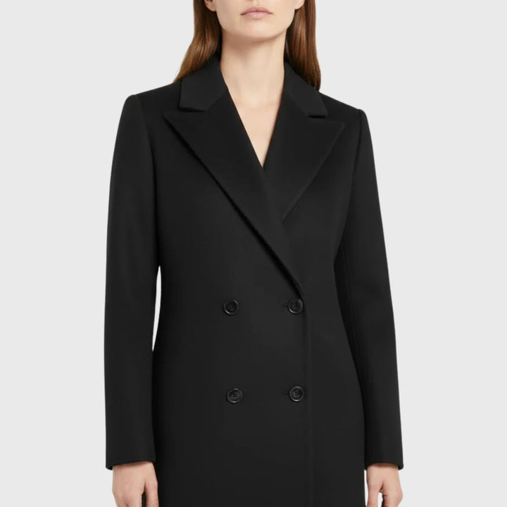 Back view of longline winter trench coat showing full length and structured cut
