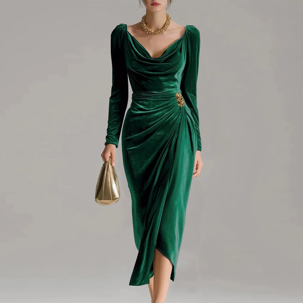 Woman in the Salma midi dress styled for a day-to-night look, side profile view