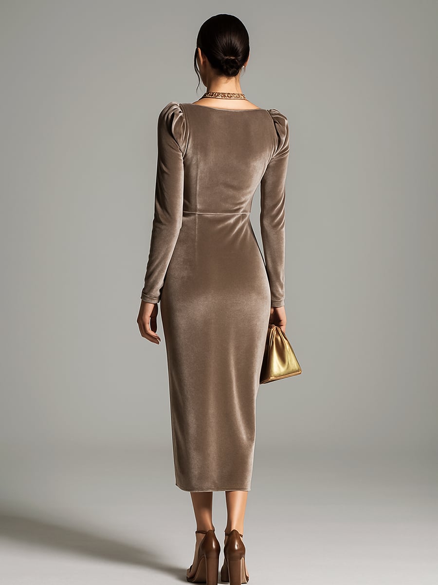 Salma elegant midi dress in brown colorway displayed on model, full length shot