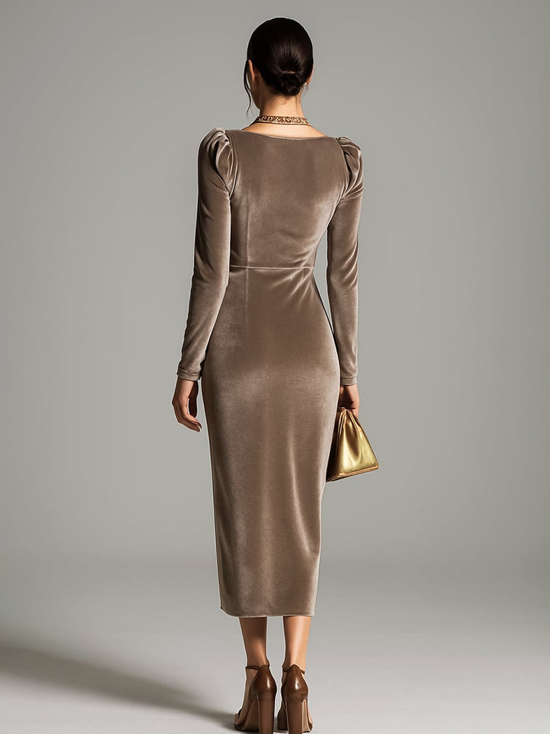Salma elegant midi dress in brown colorway displayed on model, full length shot
