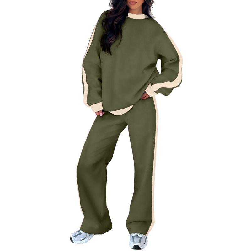 Full-length shot of the Samara sweatshirt set in beige on a model showing sleeve and pant length