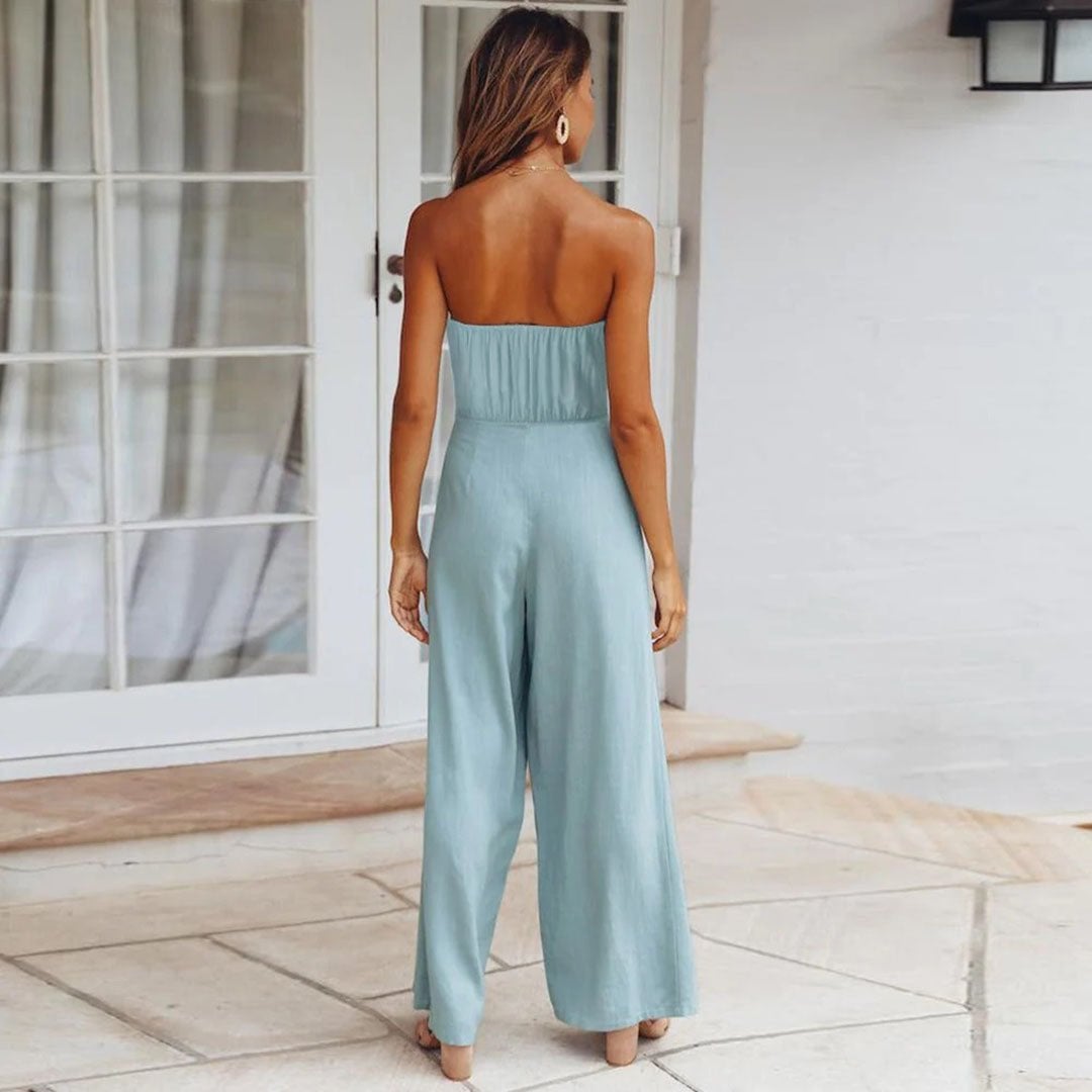 Detail shot of the strapless bandeau neckline on the Sandy wide-leg jumpsuit