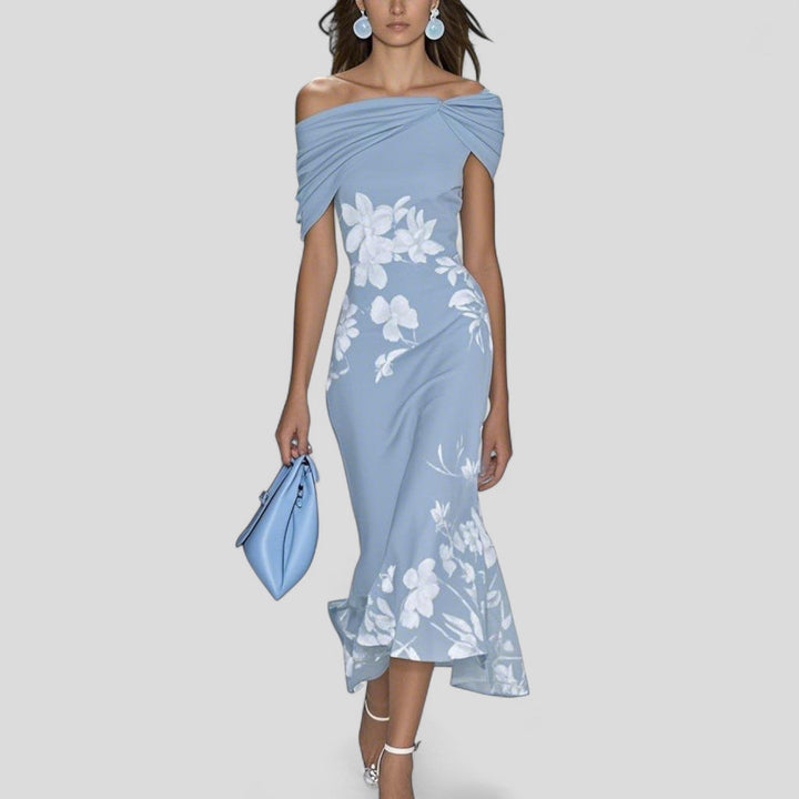 Front view of the Sania midi dress showing the draped off-shoulder neckline and body-skimming silhouette
