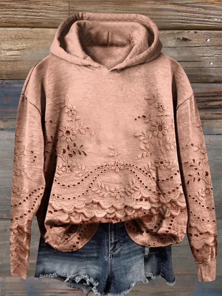 Florimay floral hoodie displayed in red colorway with embroidered detail
