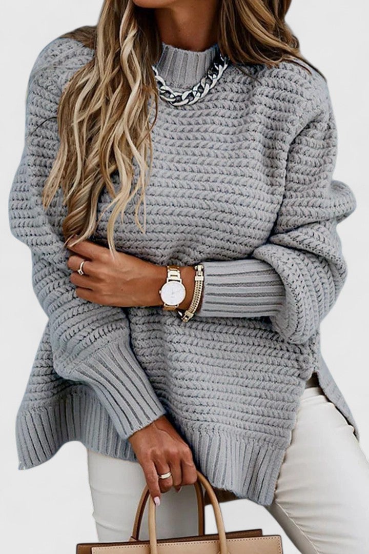 Woman wearing the Savannah comfortable sweater in a relaxed fit, styled casually for everyday wear