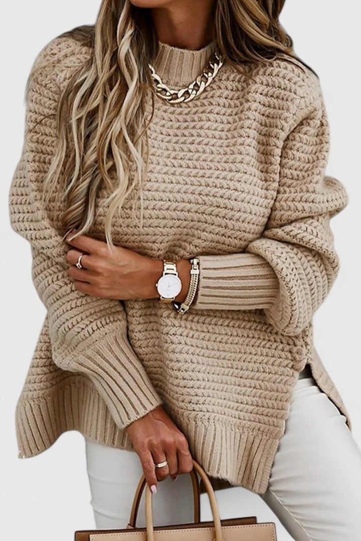 Model wearing the Savannah sweater paired with jeans, showcasing an effortless casual look