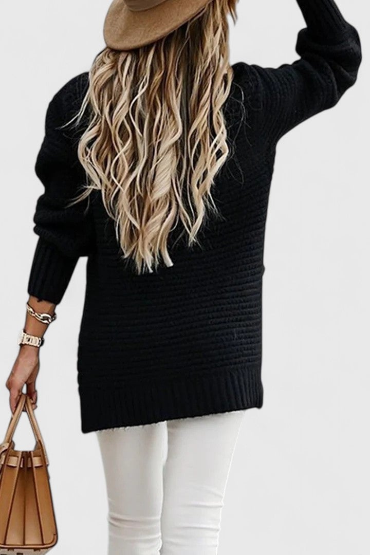 Side view of the Savannah sweater showing its relaxed fit and polished everyday style