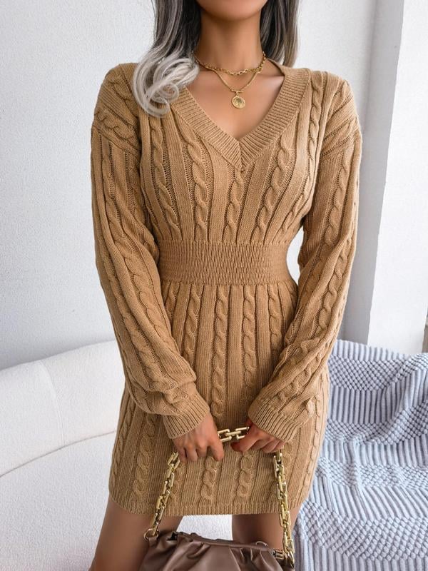 Model wearing a cozy long sleeve V-neck dress in khaki with a flattering silhouette