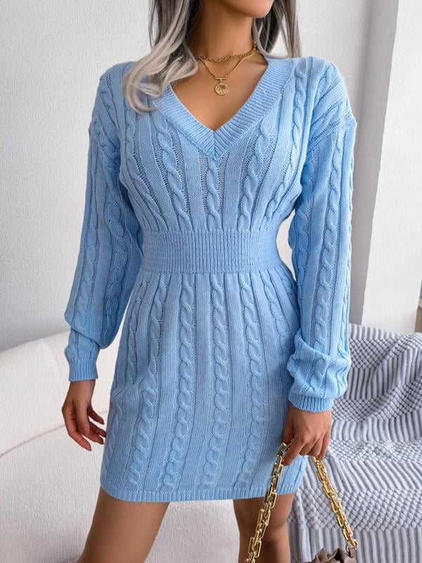 Front view of the long sleeve V-neck dress showing the V-neckline detail