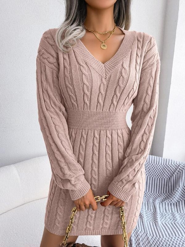 Close-up of the soft fabric and V-neckline on the long sleeve dress