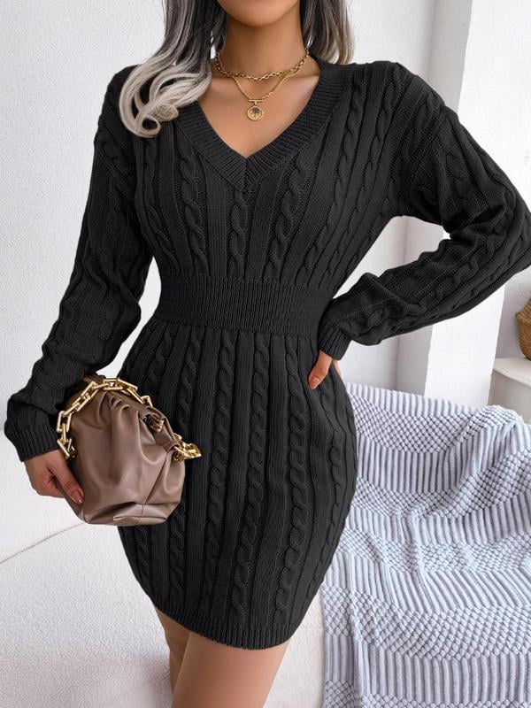 Model posing in the long sleeve V-neck dress in blue, full length view