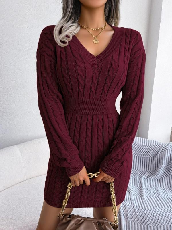 Side profile of the long sleeve V-neck dress showing the shape-enhancing fit