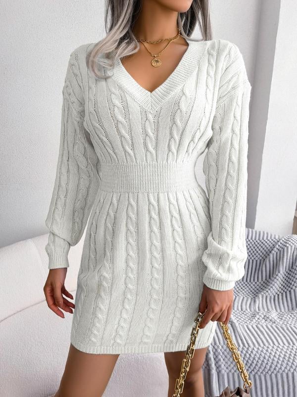 Full-length view of the long sleeve V-neck dress in army green on a model