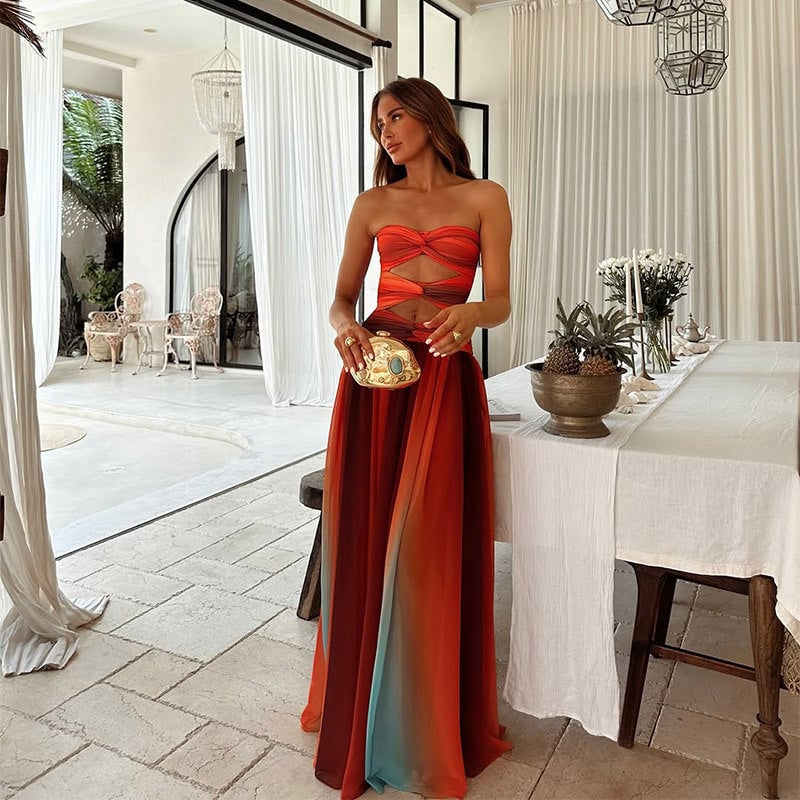 Front view of the Savannah ombre long dress with flowing silhouette and hollow-out neckline detail