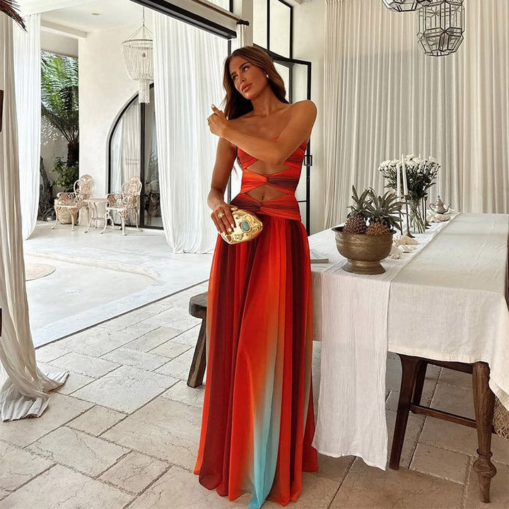 Side view of the Savannah ombre maxi dress showing gradient color blend and lightweight fabric drape