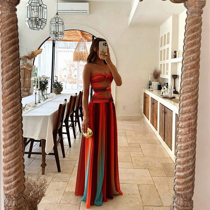 Full-length back view of the Savannah ombre wedding guest maxi dress