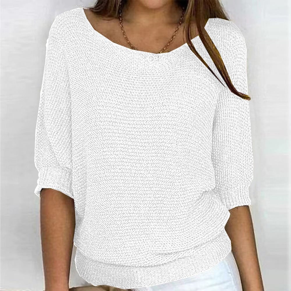 Side profile of the Scarlett elegant sweater showing its flattering shape and lightweight all-season construction