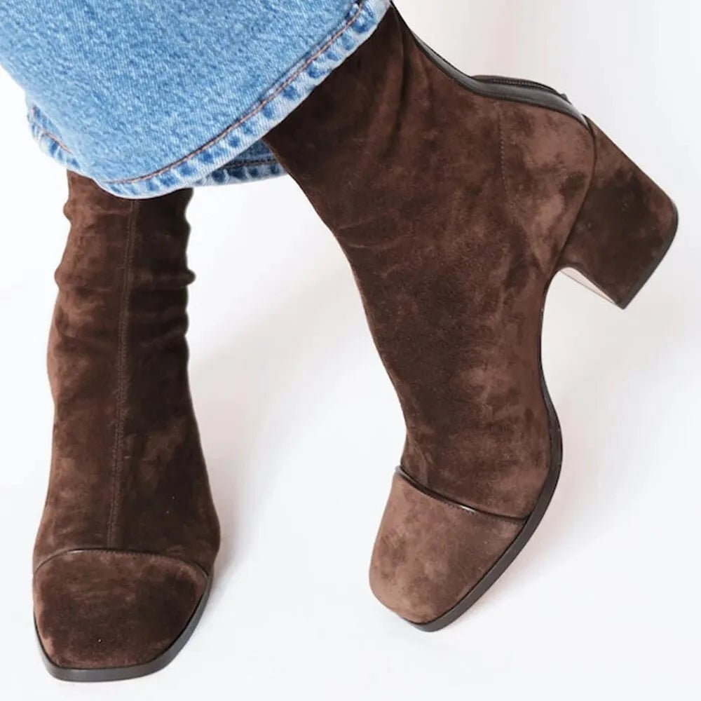 Scarlett square toe heeled boots in brown with a stable block heel, front view
