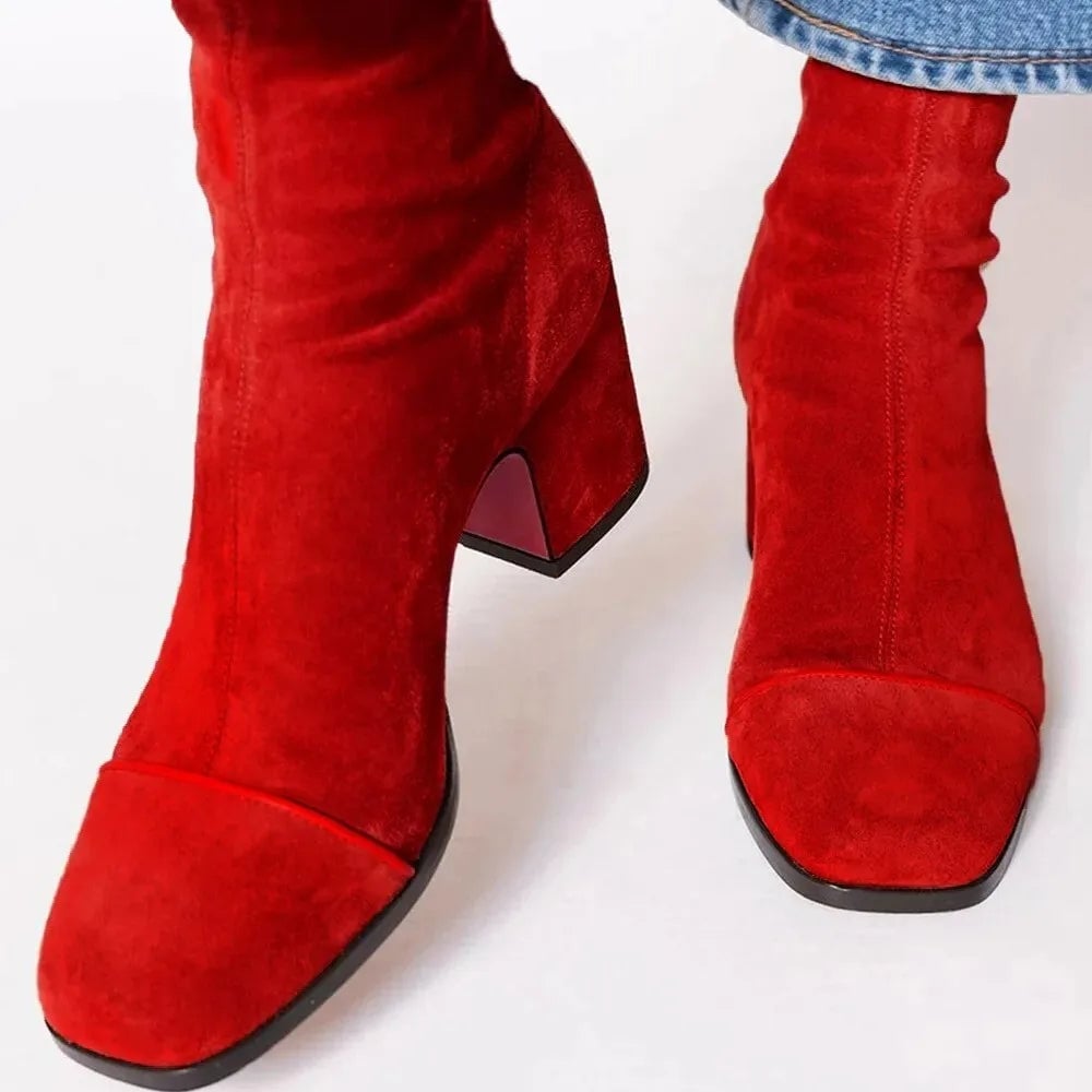 Scarlett square toe heeled boots in red, side profile highlighting the block heel and square toe