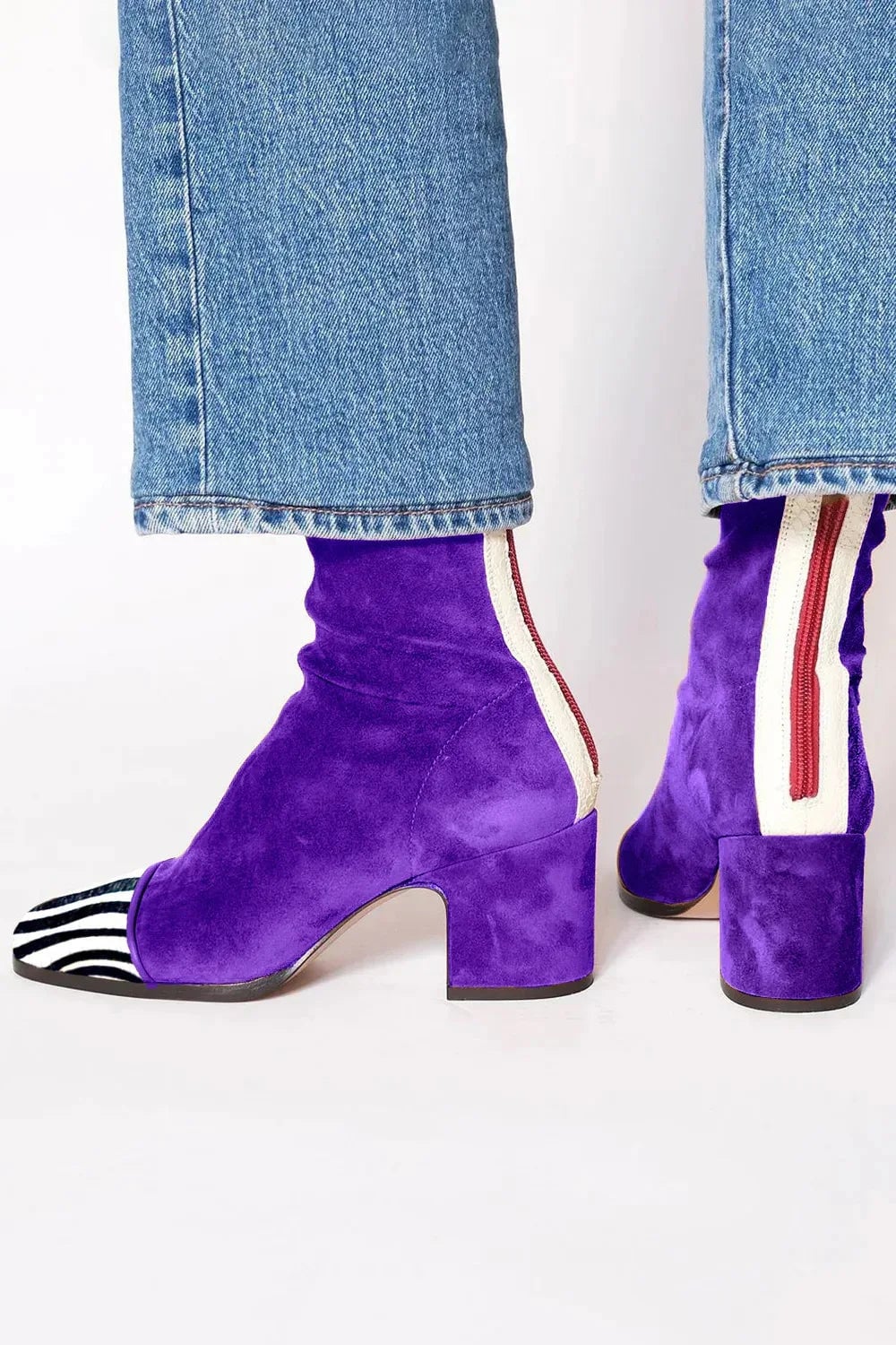 Scarlett square toe heeled boots in purple, angled view showing cushioned interior lining