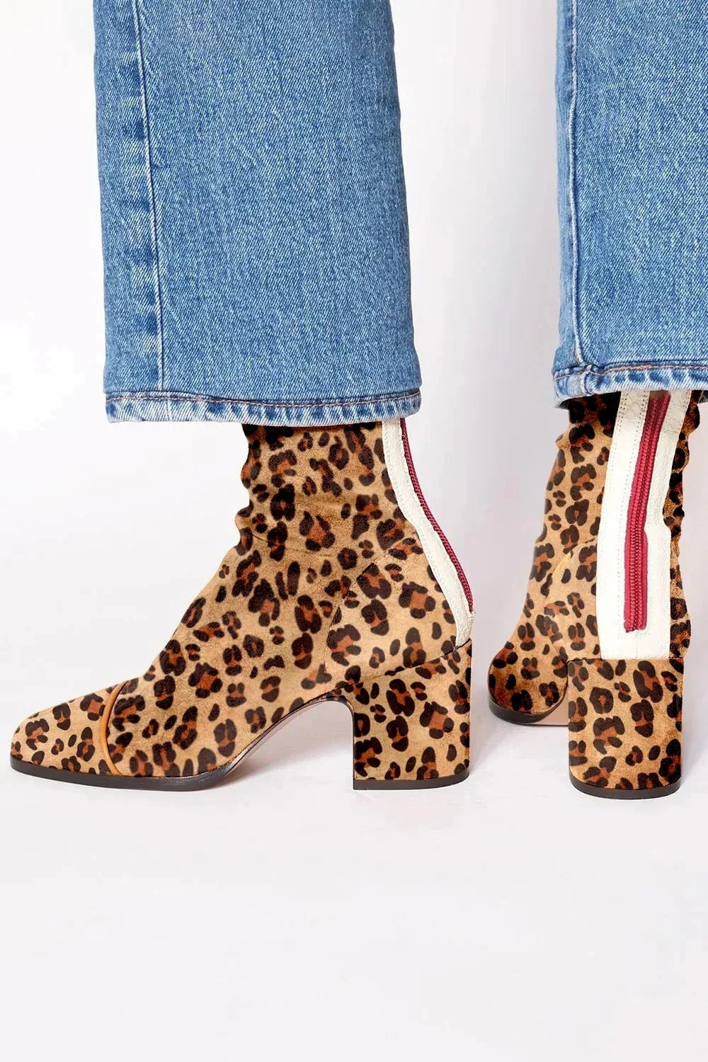 Scarlett square toe heeled boots in leopard print, close-up of toe box and heel detail