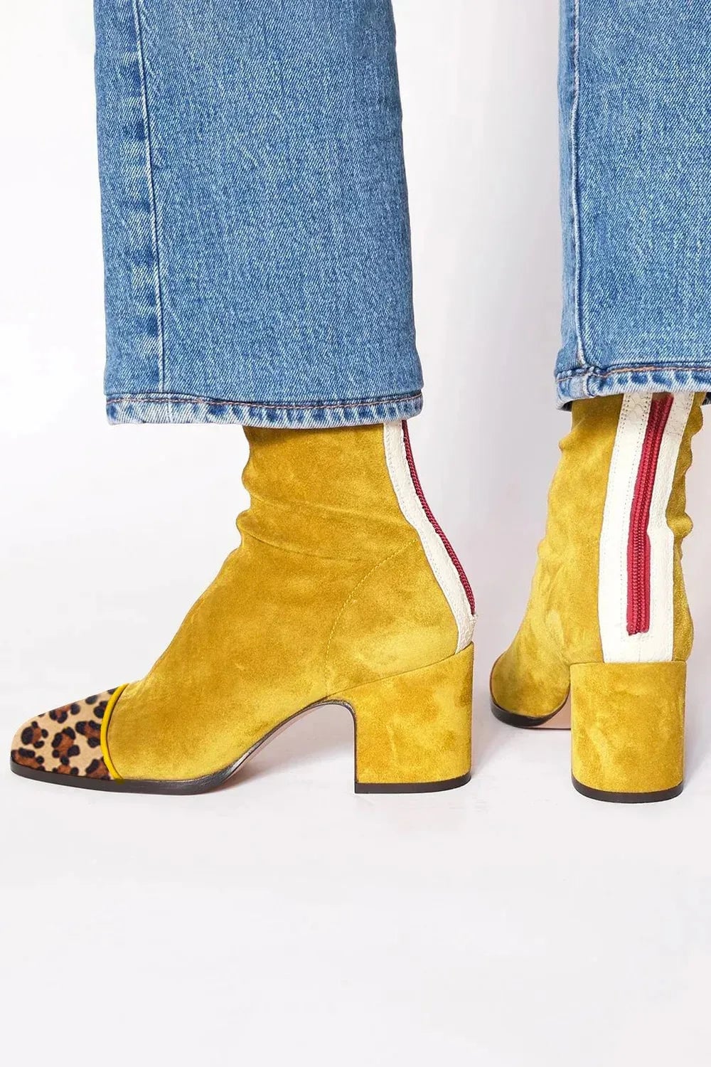 Scarlett square toe heeled boots in yellow, back view showing heel construction