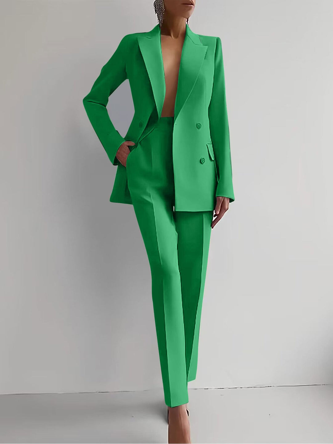 Front view of the Scarlett double-breasted blazer suit set in red showing tailored waist and flap pockets