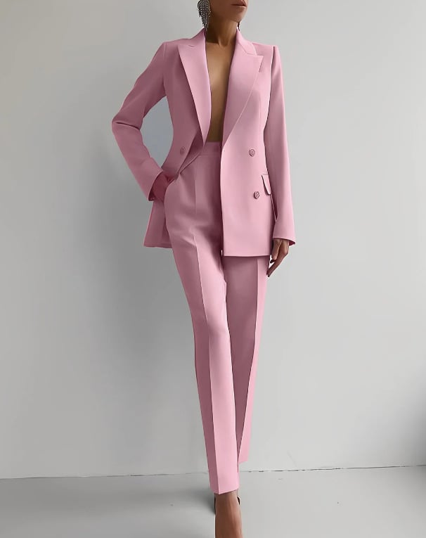 Side profile of the Scarlett slim straight-leg trousers in red paired with matching blazer