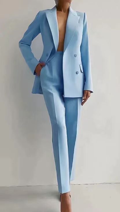 Flat lay of the Scarlett double-breasted blazer and slim pants suit set in multiple color options