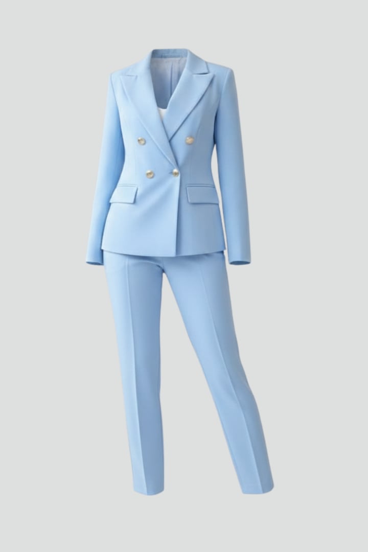 Front view of Scarlett double breasted blazer suit set in light blue with gold button detail