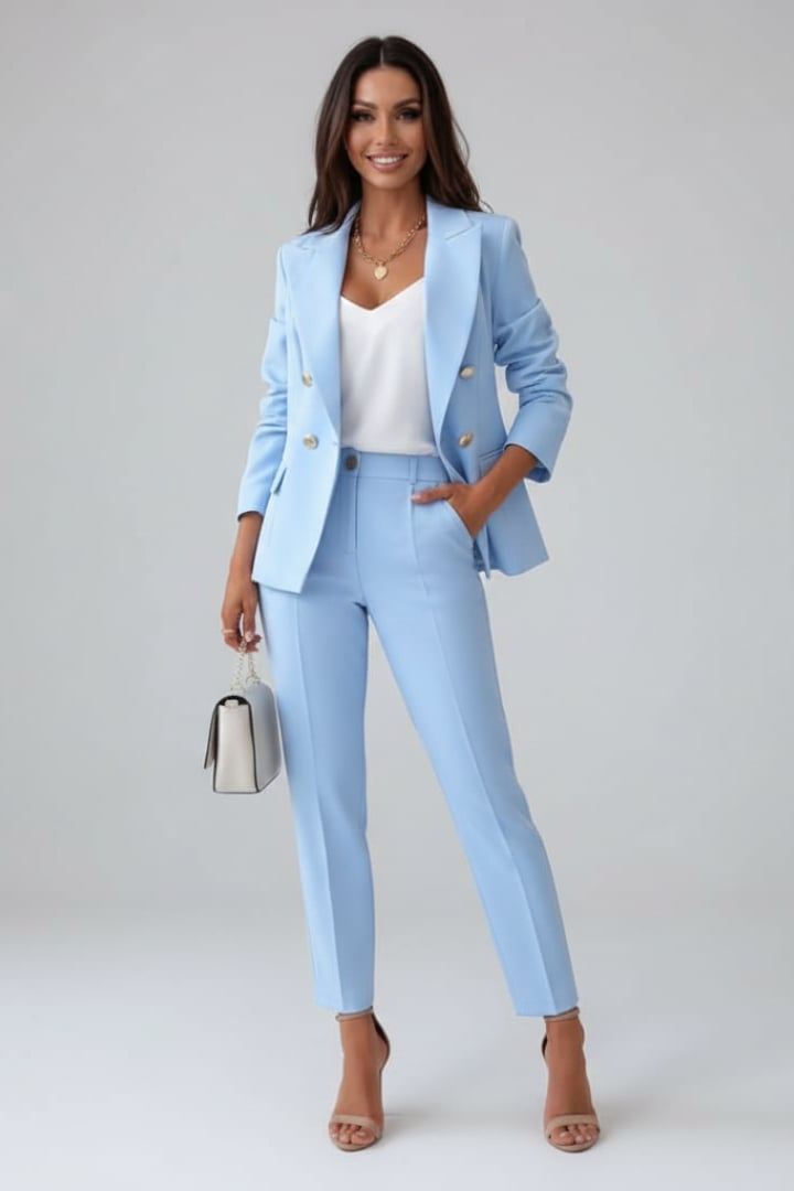 Side view of Scarlett double breasted blazer and straight-leg pants in light blue
