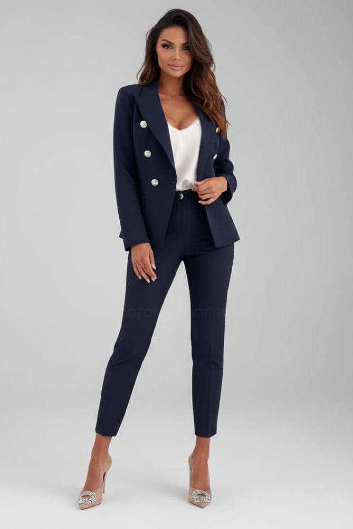 Scarlett double breasted blazer suit set in navy blue, front view