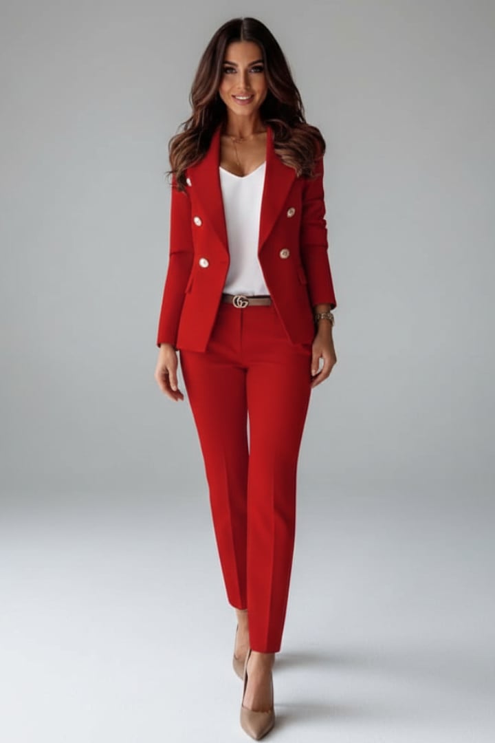 Scarlett double breasted blazer suit set in red, front view