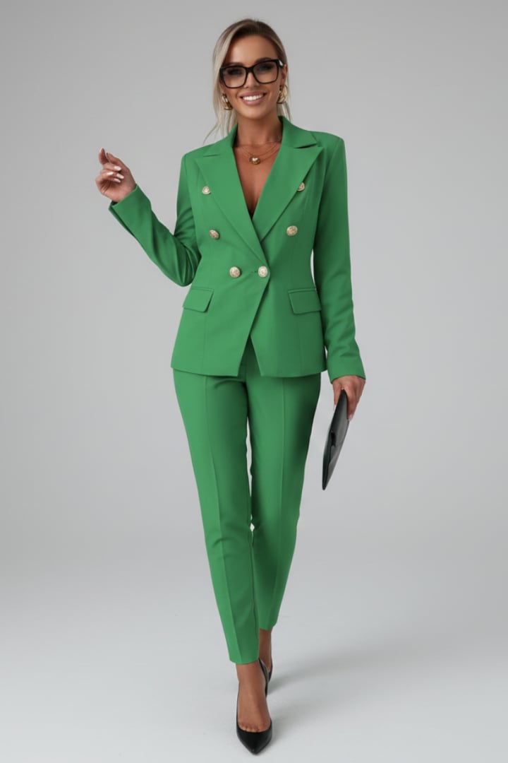 Full-length view of Scarlett blazer suit set showing straight-leg pants silhouette