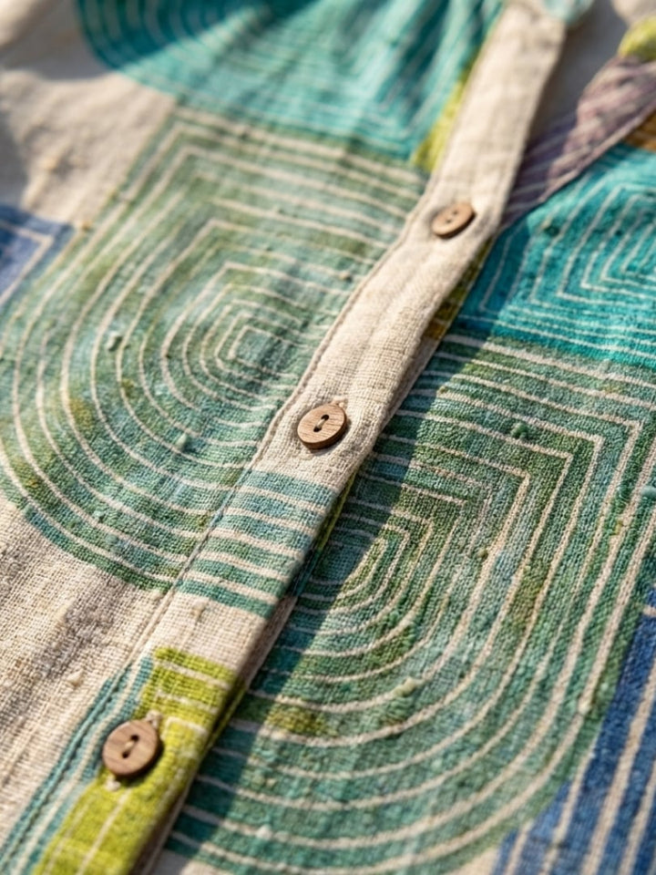 Front view of the Scarlett green geometric print dress showing the full button-front and knee-length hem