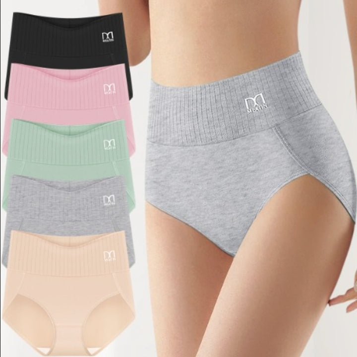 Flat lay of all six shaping briefs from the multipack arranged by color on a white background
