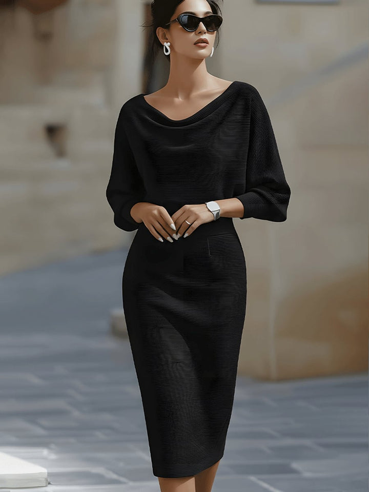Front view of the Selah midi dress showing refined stitching and elegant drape