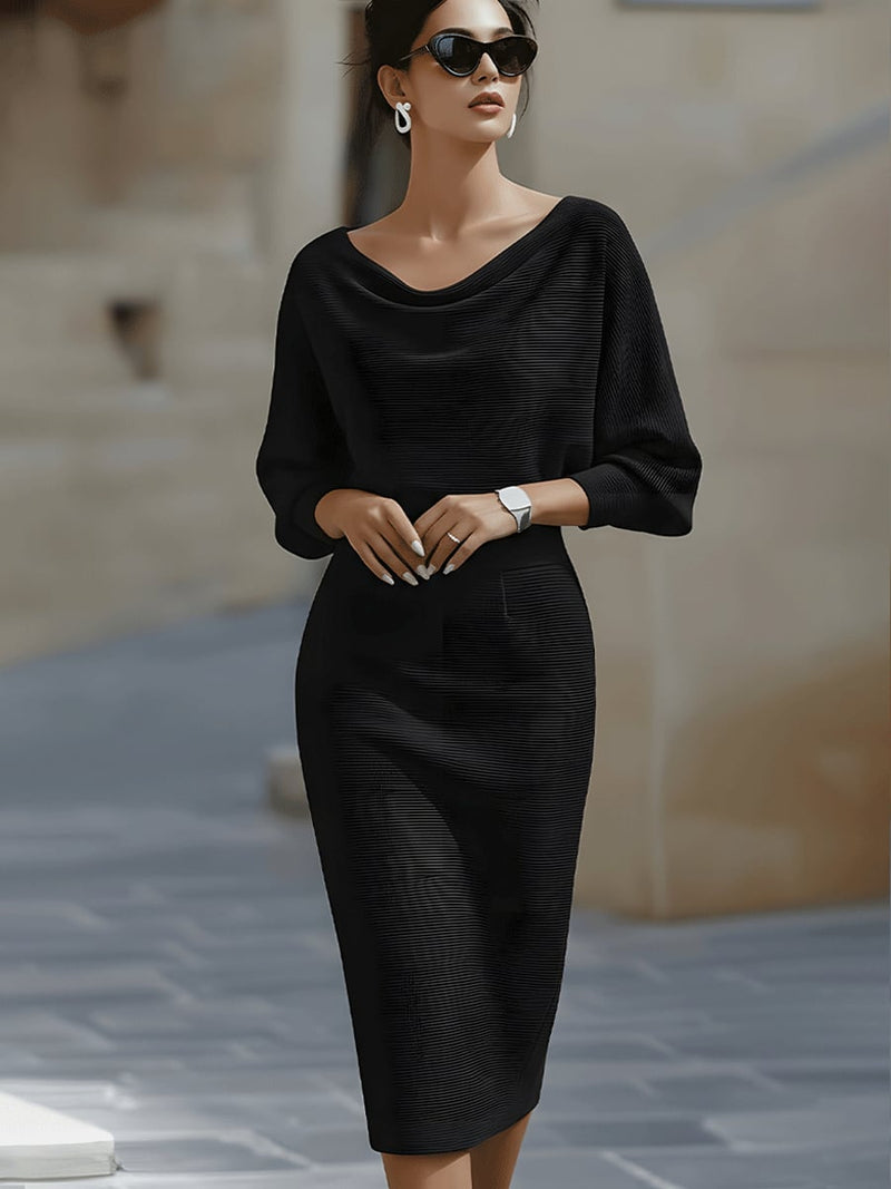 Front view of the Selah midi dress showing refined stitching and elegant drape